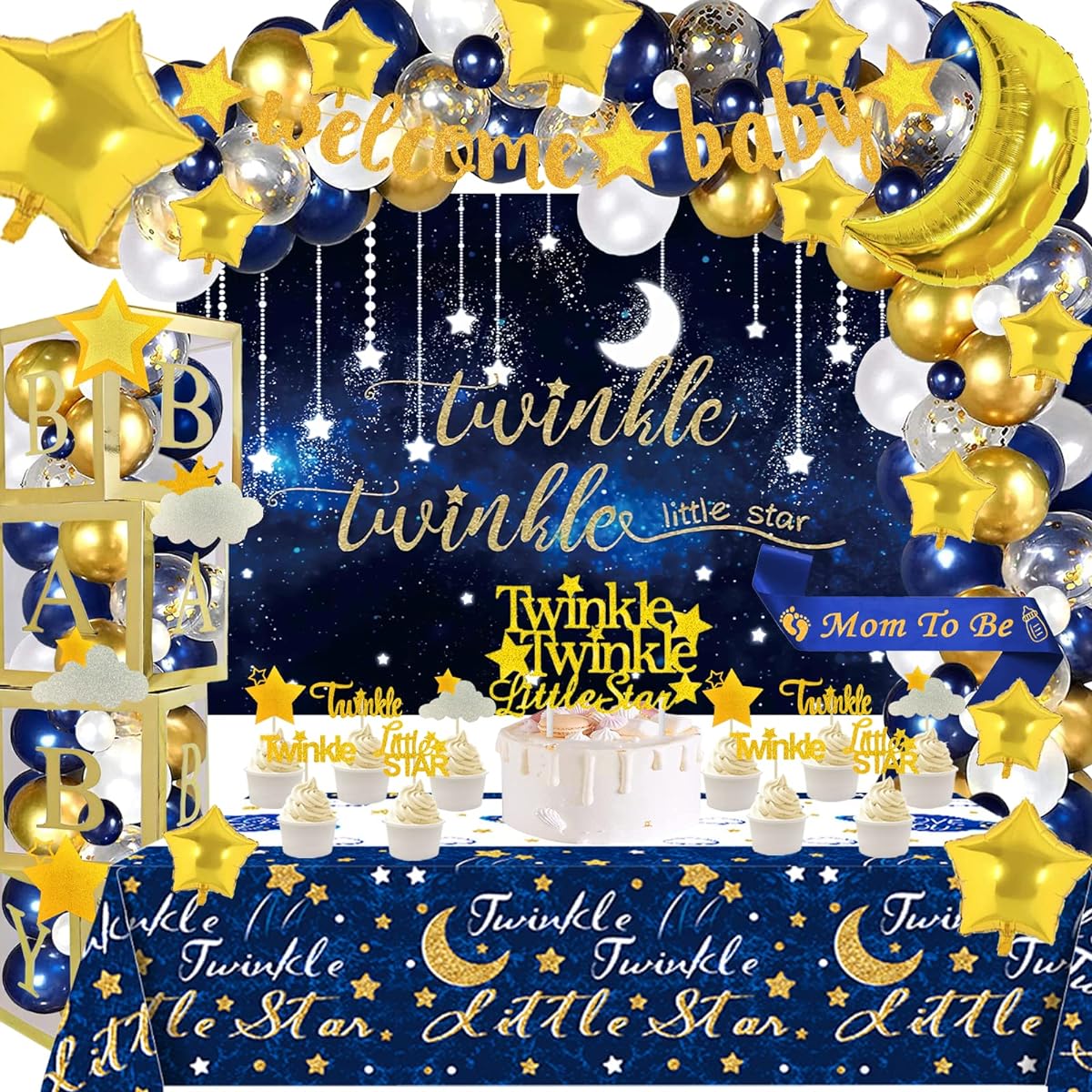 Hombae 162 Pieces Twinkle Twinkle Stars Baby Shower Decorations Navy Blue Little Stars Baby Shower Background Balloon Garland Glitter Banner Tablecloth Cake Cupcake Topper Box Cutout Mom To Be Sash