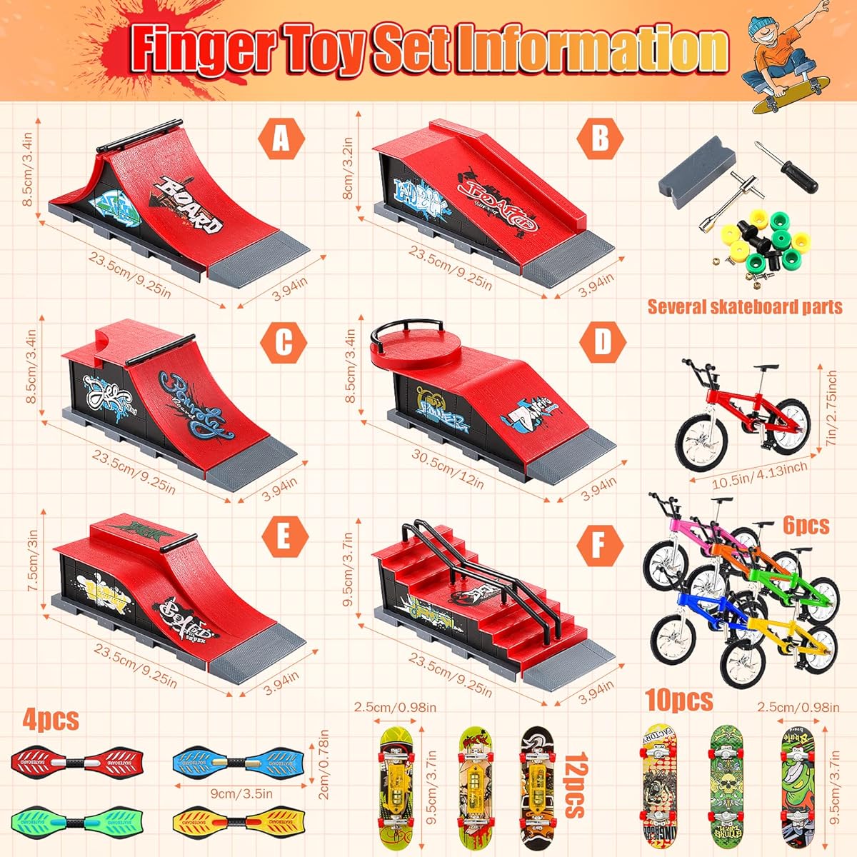 45Pcs Fingerboard Ramps 6 in 1 Finger Skateboard Toy Set Skateboard Ramp Fingerboard Finger Bike Wheels and Tools Accessories LED Mini Skateboard for Fingers Holiday Party Favors