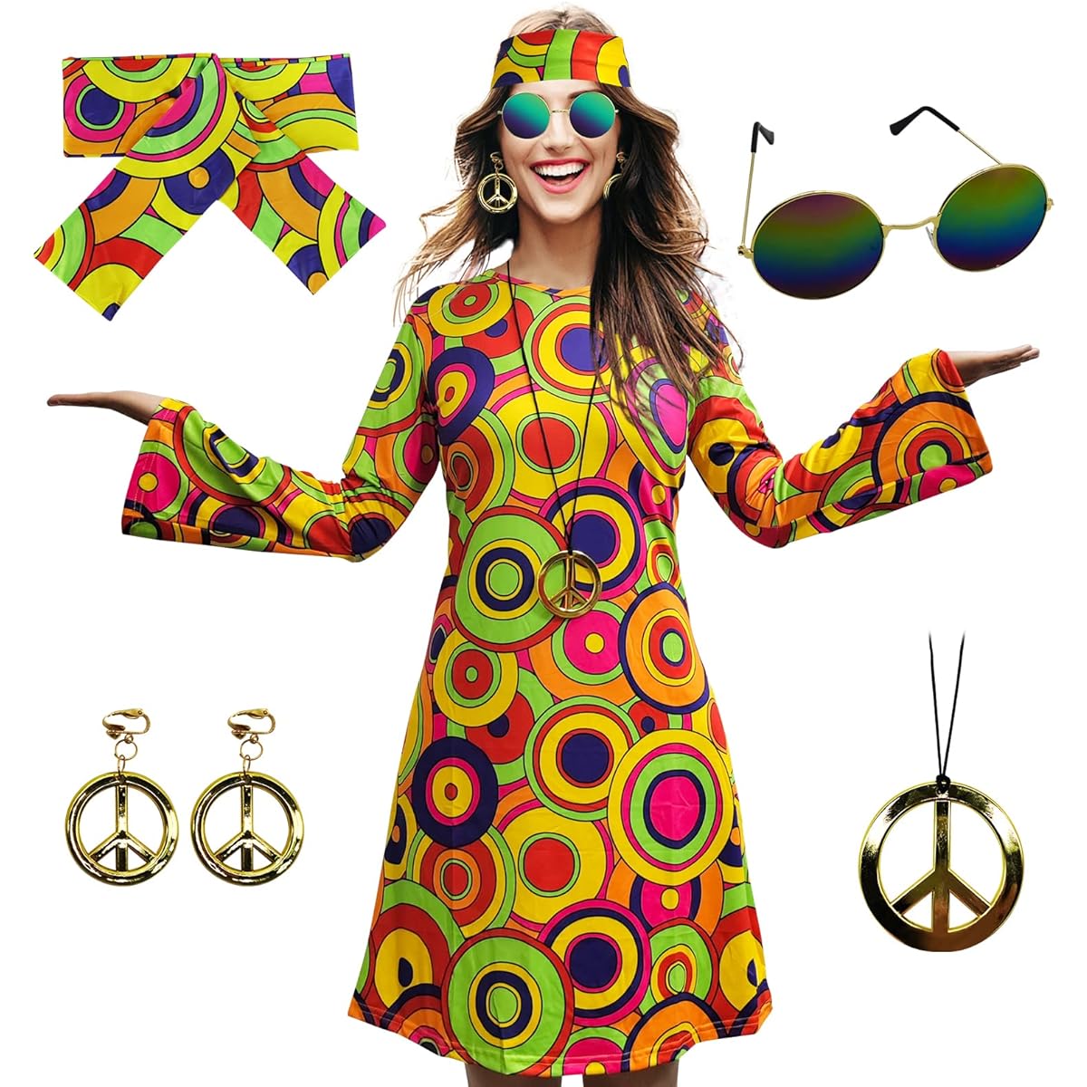 MRYUWB 70s Hippie Dress Costume Necklace Earrings Sunglasses Women Disco Clothes 60s Party Costume Halloween Retro Dress