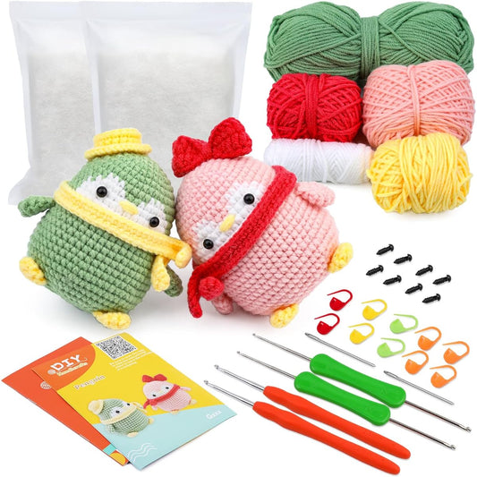Huaiid 2 Sets Beginner Crochet Kit Complete Crochet Starter Kit for Adults and Kids DIY Animal Crochet Kit with Crochet Accessories and Instructions (Pink and Green Penguin)