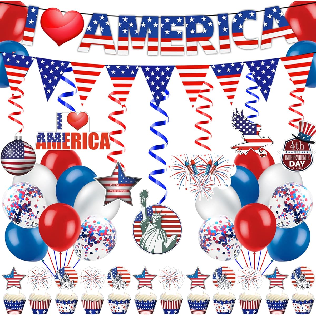 Patriotic Decorations 4th of July Decorations 50 Pieces Independence Day Party Supplies Patriotic Flag Banners Red White Blue Balloons Swirl Cake Toppers Memorial Day Flags Presidents Day
