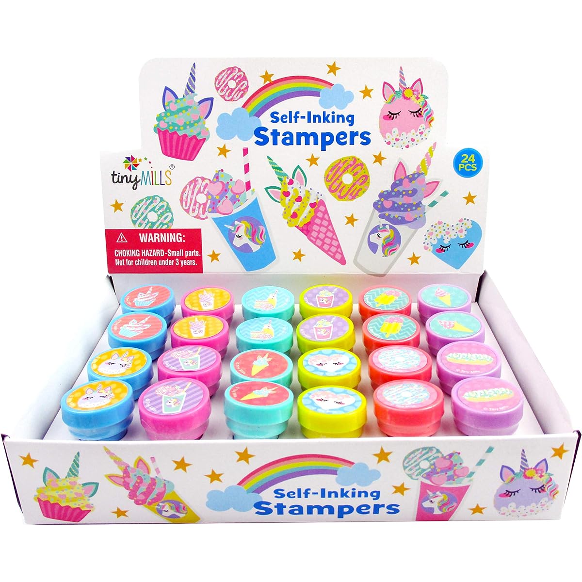 TINYMILLS 24 Pieces Unicorn Rainbow Donuts Cupcake Stampers Kids Party Favors Goody Bag Stuffed Pinata Stuffed for Girls Birthday Party Carnival Prizes Classroom Rewards (Pink)
