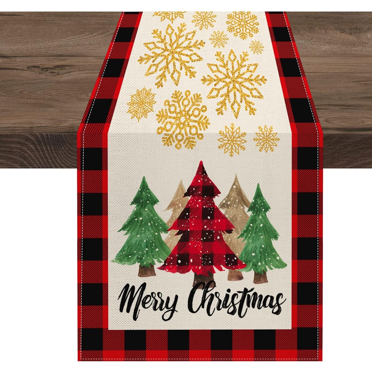 Ekorest Christmas Buffalo Check Table Runner 72 Inch Length Buffalo Check with Christmas Tree and Snowflakes Merry Christmas Table Runner for Farmhouse Kitchen Home Party Dining Coffee Table Decor