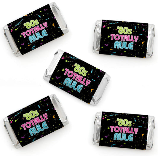 80's Retro - Mini Candy Bar Wrapper Stickers - Total 1980's Party Props - 40 Sheets