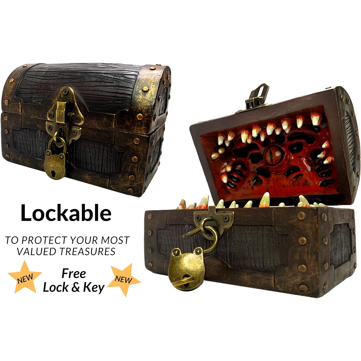 Galdor's Guild Mimic Dice Chest Storage Box | Free Lock & Key | Compatible with Dungeons & Dragons Players, Dungeon Master/DM RPG Games | Holder Vault Case | Holds 4 Sets of Polyhedral Dice (Regular)