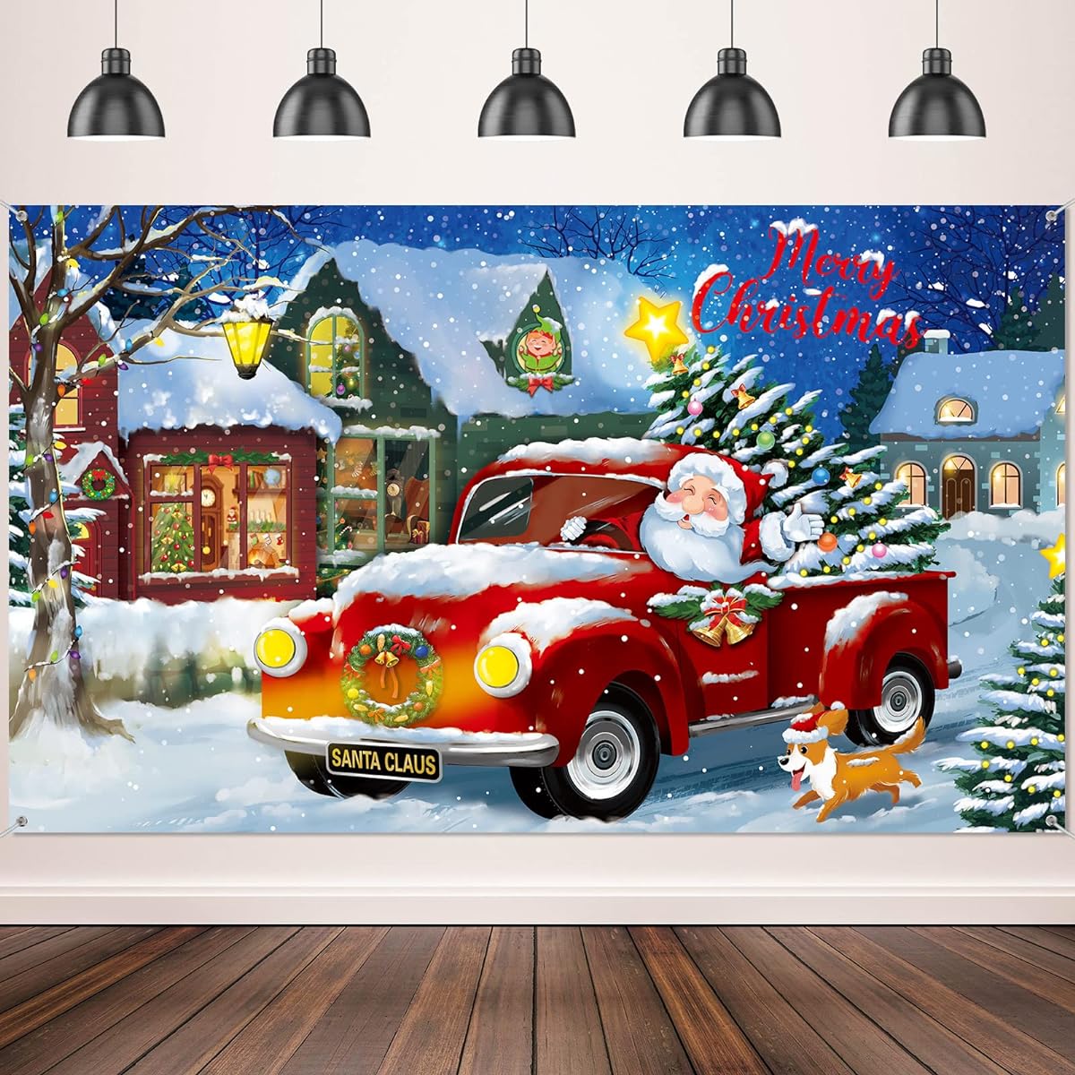 Christmas Backdrop Party Decoration Santa Claus and Truck Holiday Theme Backdrop Merry Christmas Backdrop Rope Set Indoor Outdoor Photo Booth Christmas Birthday Party Supplies 43.3 x 72.8 Inch