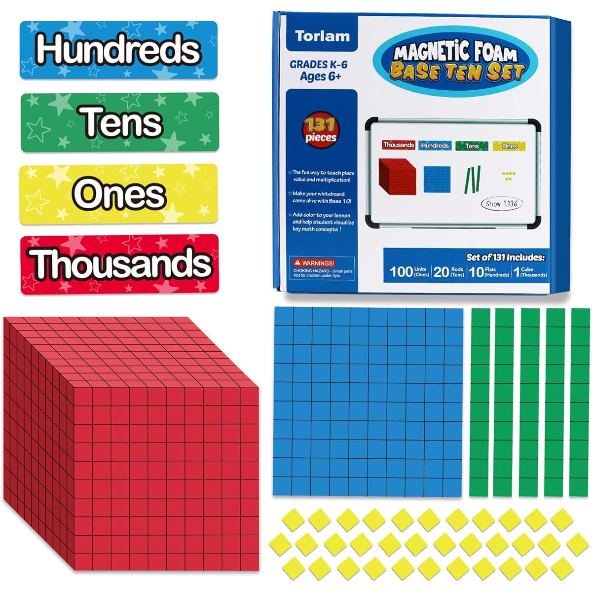 Torlam Magnetic Base 10 Blocks 131 Pieces - Place Value Blocks - Math Manipulatives K-3 Elementary School Lessons Number Blocks Math Counters Counting Blocks for Kids 10 1st 2nd 3rd Grade