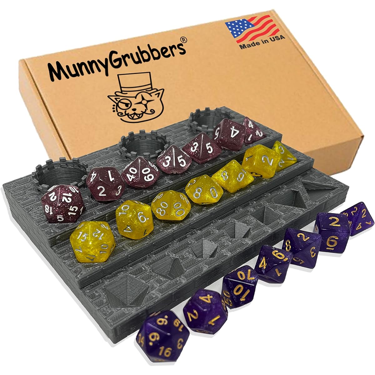 MunnyGrubbers - Dice Display Rack Shelf - Dice - Dice Holder - (Includes 3 x Random 7 D20 Dice Sets) - Displays up to 3 Sets of Dice and Vials - Dungeons and Dragons - DND - D&D - (Silver)