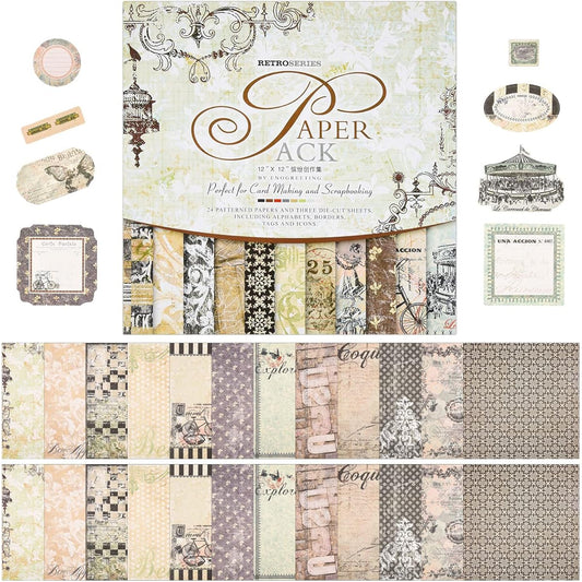 12 x 12 Colored Patterned Paper Pad & Die Cut Paper - 12 Colors 2 Color Journal Scrap Cooking Paper Single Sided Scrapbooking Cardstock Paper Holiday Card Making DIY Origami Craft Paper (Vintage)