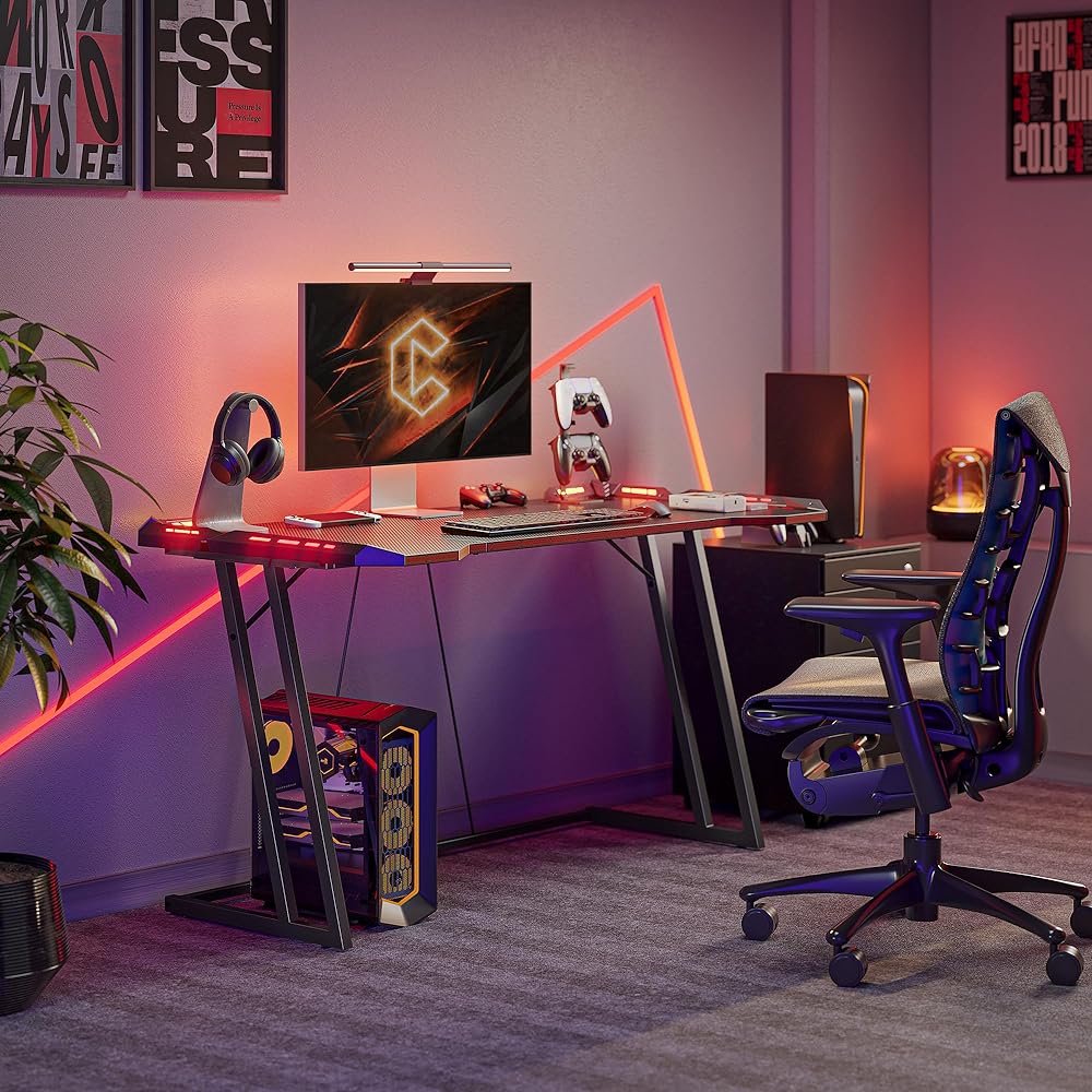 CubiCubi Gaming Desk, Width 140cm x Depth 60cm, with LED, Carbon Fiber Top Board, Easy to Assemble, Sturdy, Gaming Table, Computer Desk, Suitable for Gamers, Desk, Game Play Stability, Stylish, Living Alone, Game Desk, Black