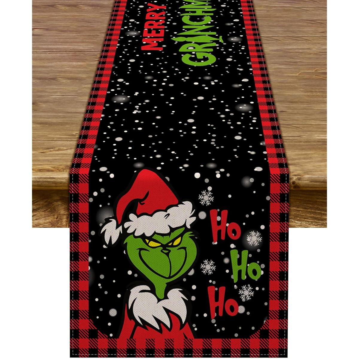 Pudodo Christmas Table Runner Merry Grinchmas Ho Ho Ho Buffalo Plaid Check Winter Holiday Party Kitchen Dining Home Decor
