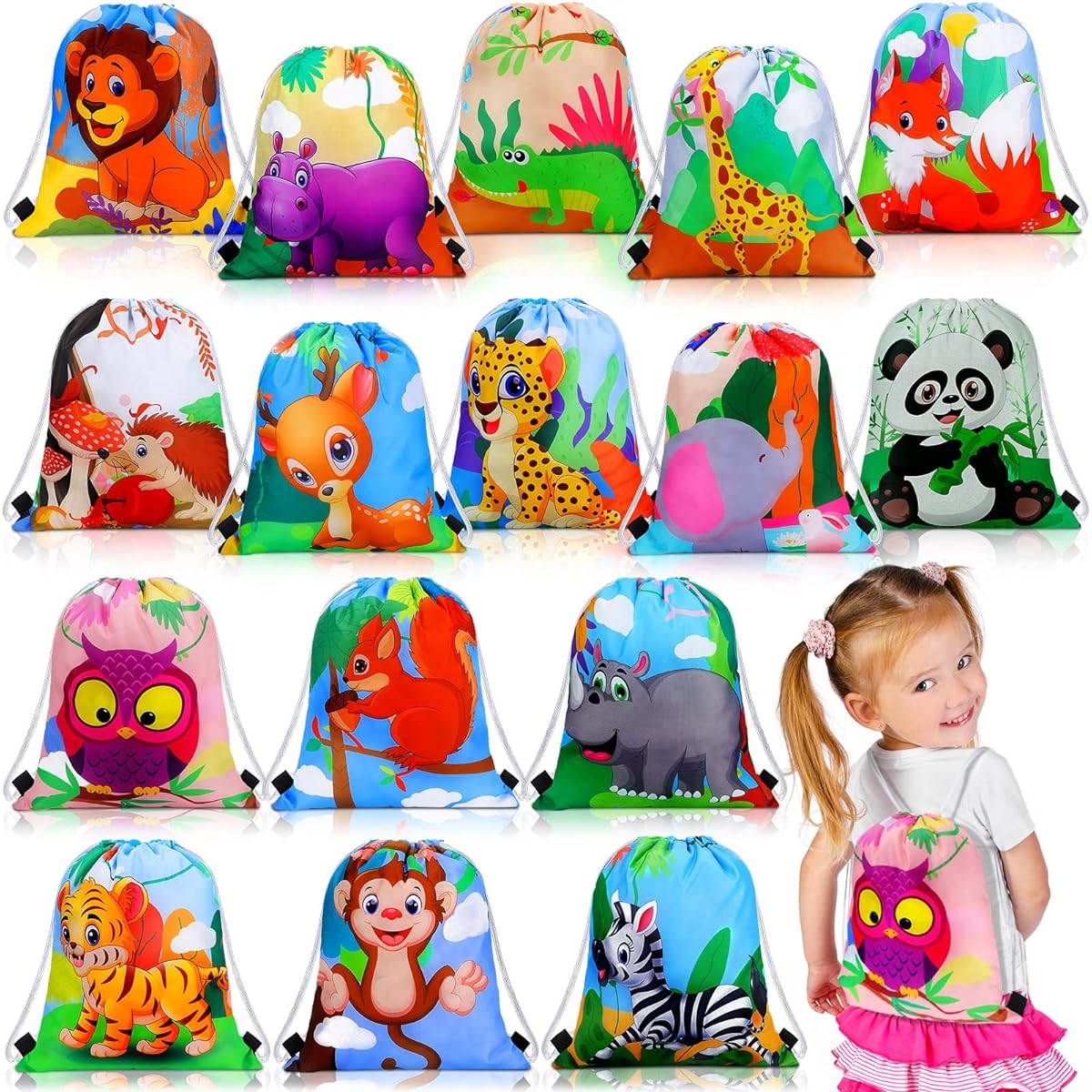 Jungle Animal Drawstring Bag Cartoon Animal Safari Goodie Bag Safari Party Favors Boys Girls Kids Birthday Jungle Party Supplies Goods Baby Shower School Travel (32 Pieces)