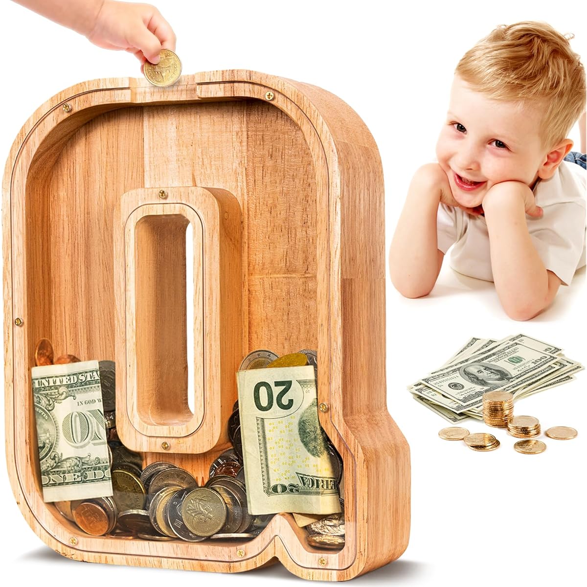 Summidate Personalized Large Unbreakable Wooden Letter Piggy Bank A-Z Alphabet Money Coins Bills Customized Name Box (Initial-Q)