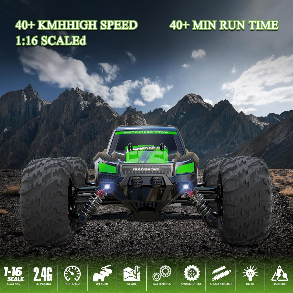 Losbenco High Speed RC Car 40KPH for Adults 1:16 Scale Remote Control Car 4WD All Terrain Off-Road Monster RC Truck with Bright Headlights and 2 Rechargeable Batteries for Kids and Adults
