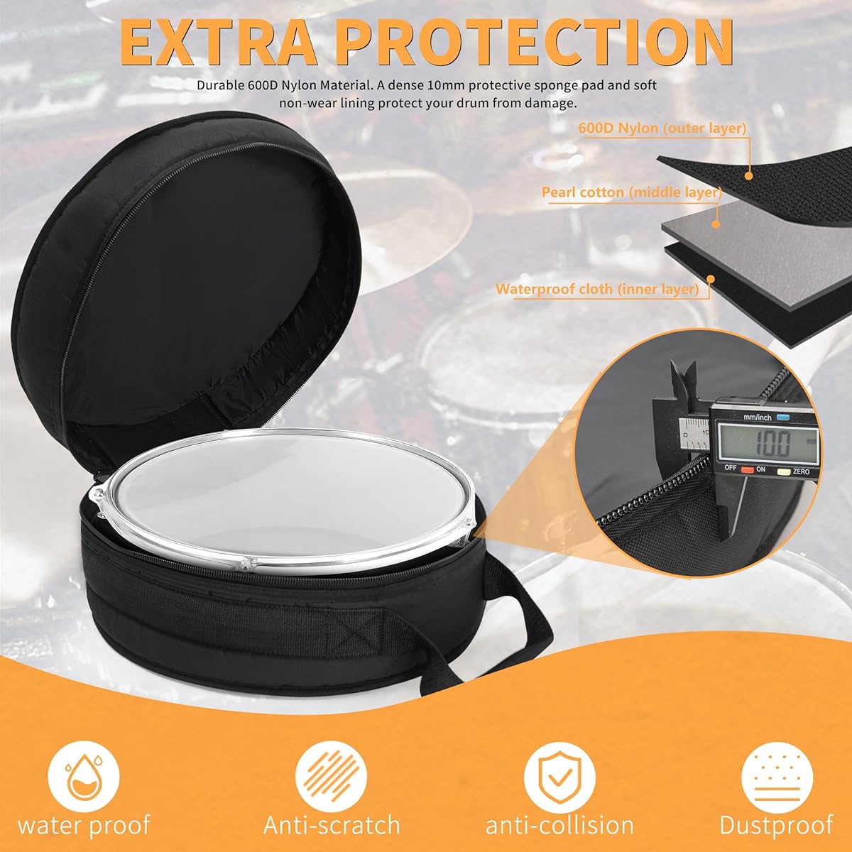 OUUTMEE Drum Bag for Snare 14"x5.5"/14"x6.5" 10mm Thick Padded Travel Drum Case