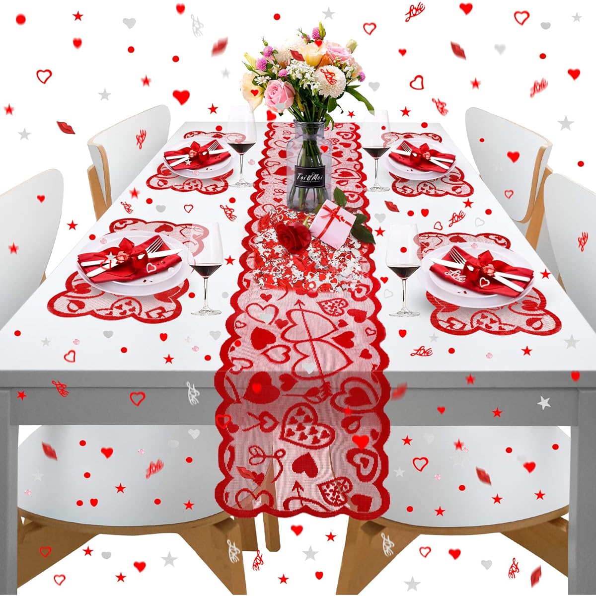 Konsait 5 Pack Valentine's Day Decorations Lace Red Heart Table Runner & Placemats Set & 1.1oz Red Silver Heart Confetti Heart Sequins for Mother's Day Valentine's Wedding Home Table Decor Party Supplies