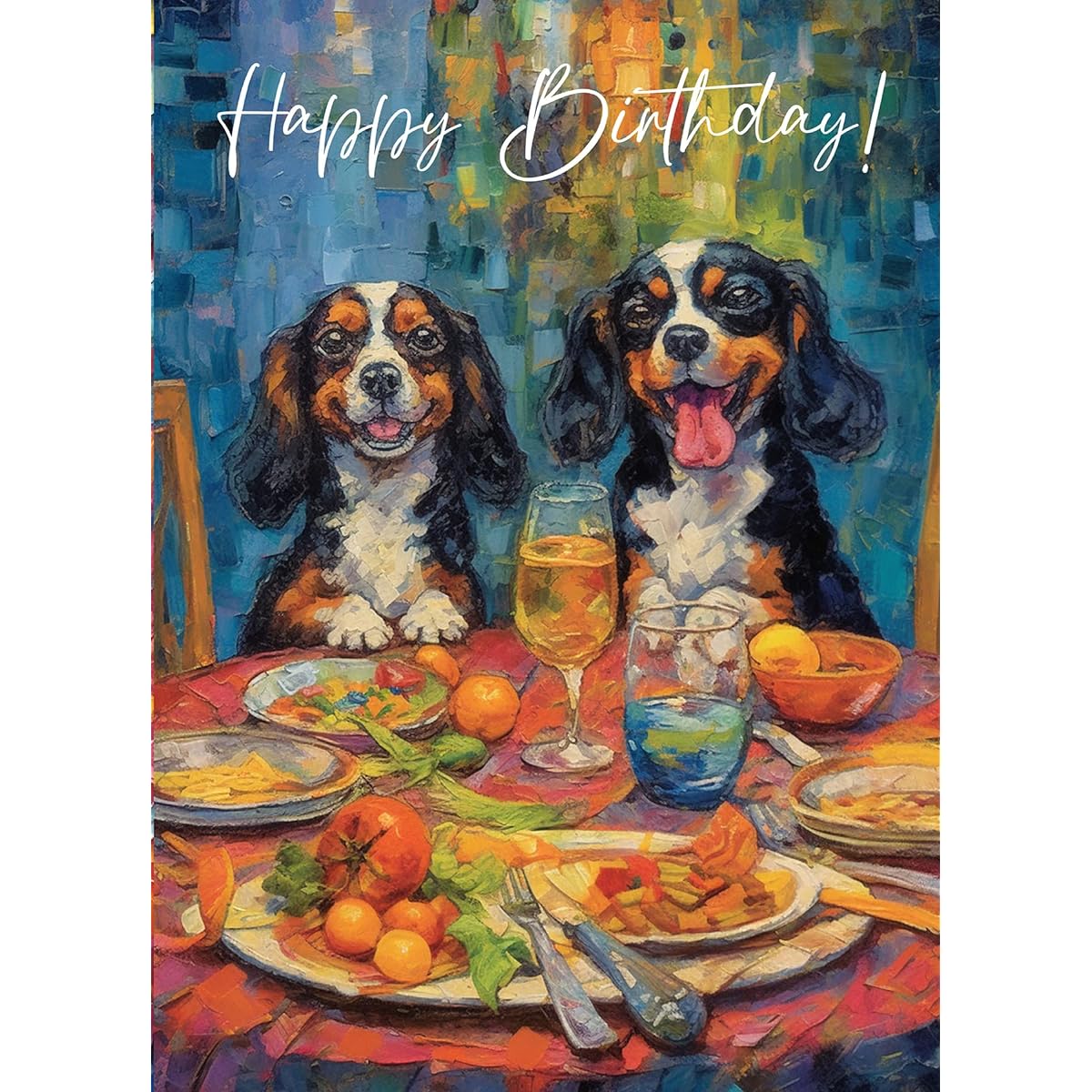 PIXILUV HAPPY BIRTHDAY Greeting Card ~ Pair of Cute Dogs Waiting at the Dinner Table ~ Funny Animals Birthday Wishes Greetings Vintage Large Card