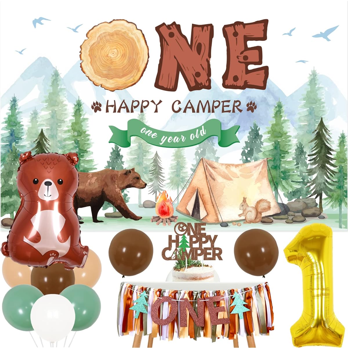 Camping 1st Birthday Decorations - One Happy Camper Birthday Decorations Banner,Backdrop Glitter,Cake Topper,Highchair Banner,Number 1 Woodland Bear Foil Balloons for 1st Birthday Party