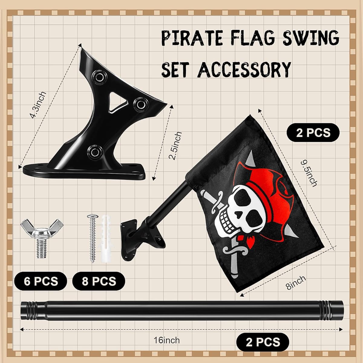 Peryiter Pirate Flag Swing Set Accessories, Pirate Outdoor Flags with Solid Pole and Mounting Hardware, Playhouse Flags for Pirate Party Favors, Treehouse, Playhouse, Backyard Decorations, Set of 2