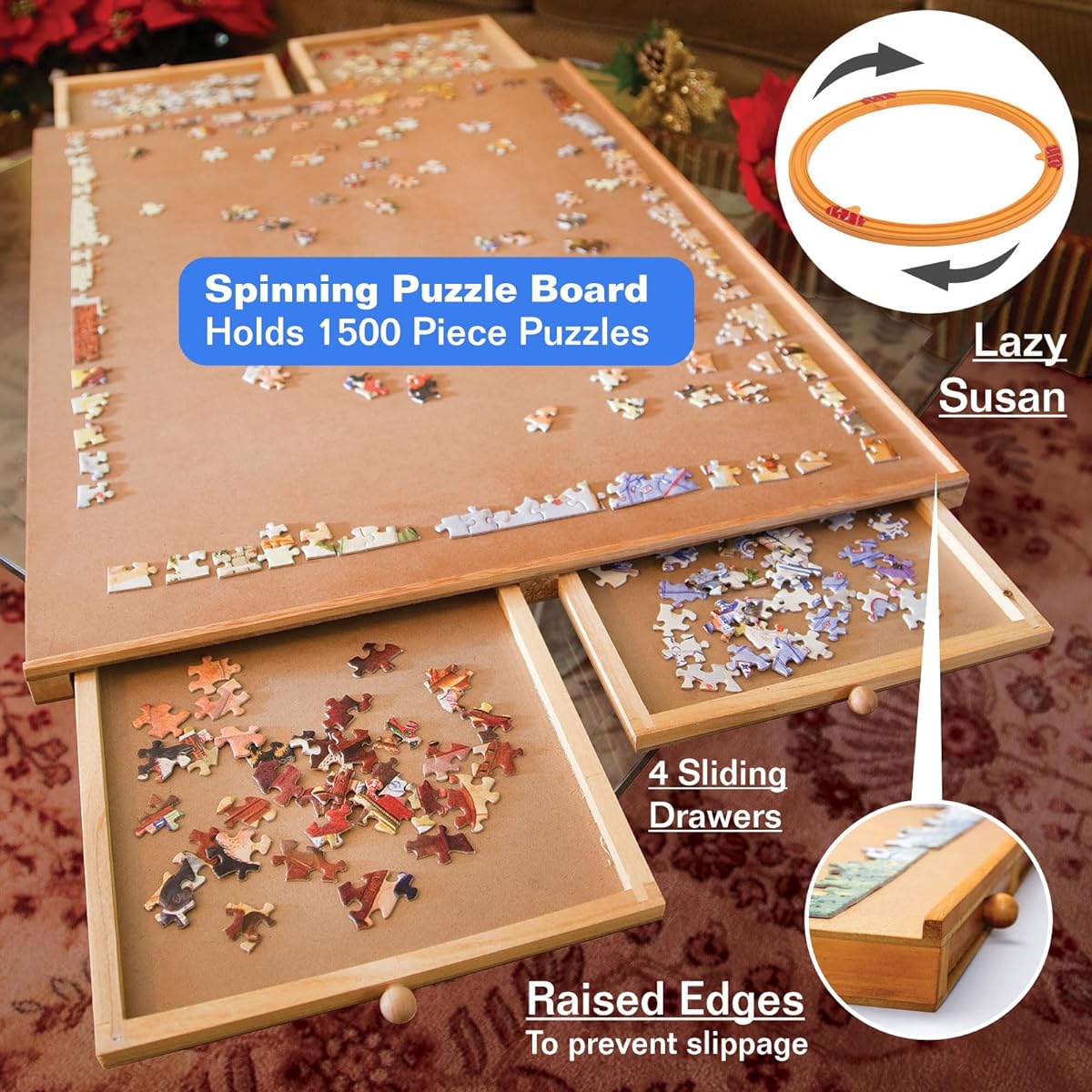Bits and Pieces - Spinning 1500 Piece Puzzle Board with Drawer - Original Jumbo Wooden Puzzle Plateau with Base Spinner - Tabletop Deluxe Jigsaw Puzzle Organizer Puzzle Storage System