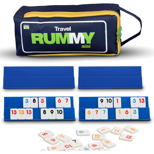 Point Games Classic Mini Rummy Game Set with 4 Exclusive Foldable Play Racks in a Super Sturdy Travel Bag for 2-4 Players - Great Gift for Adults and Kids