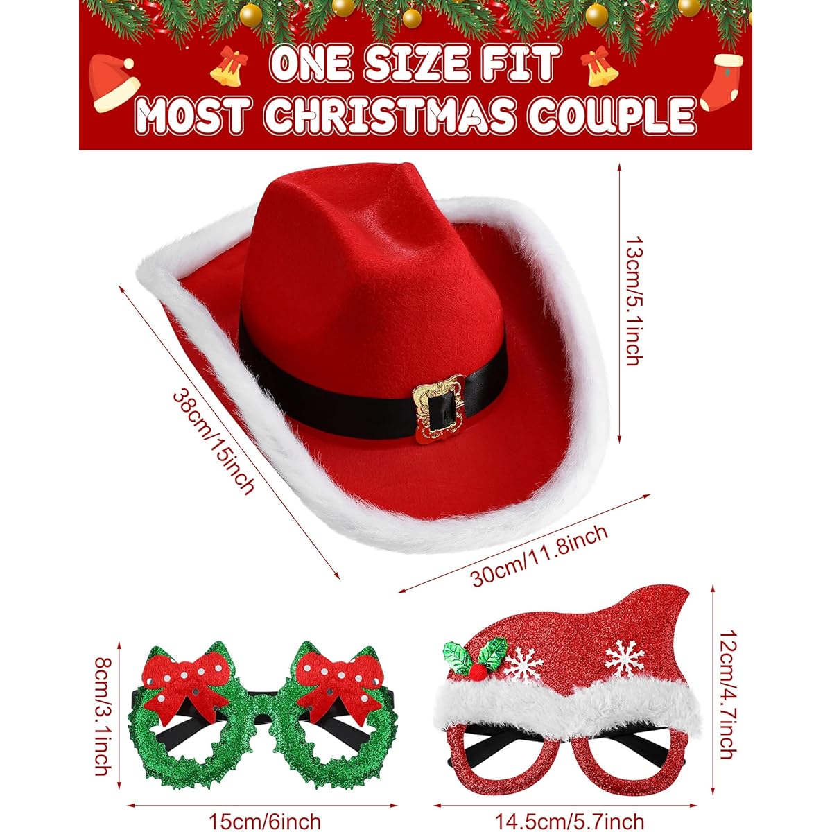 Eurzom 4 Piece Christmas Party Hat and Glasses Frame Set Santa Cowboy Hat Green Christmas Wreath Red Santa Hat Christmas Glasses Western Holiday Hat Christmas Party Costume Adult Couple Family