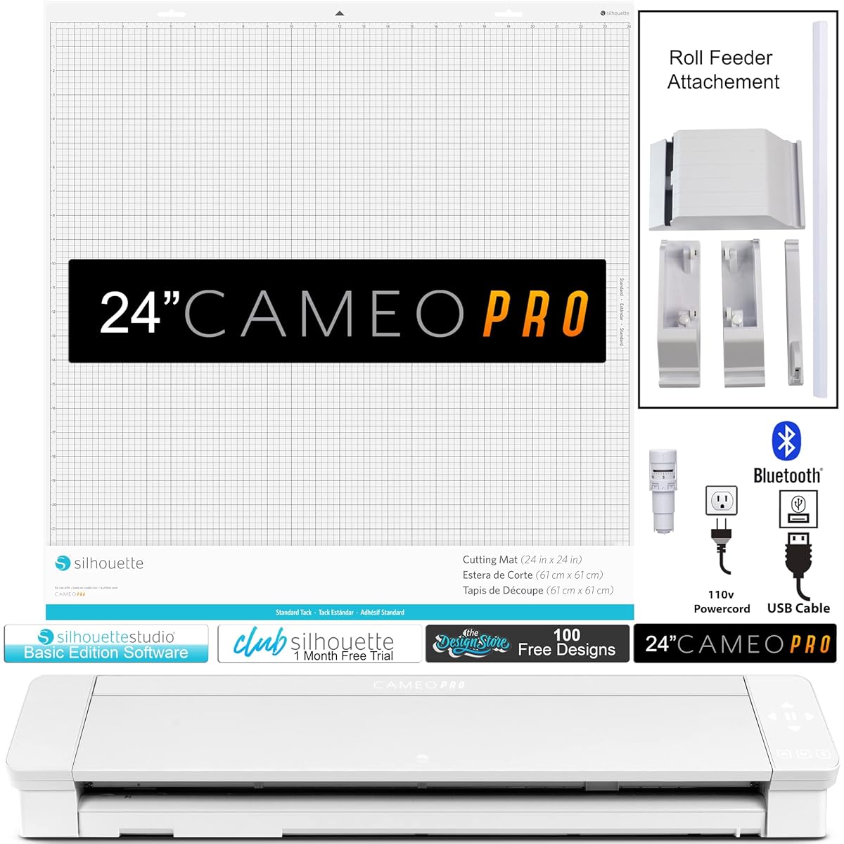 Silhouette Cameo 4 Pro Bundle with 4 Mats, 2 Auto Blurring, Deluxe Vinyl Tool Kit, Silhouette 101 Guide, and Bonus Designs