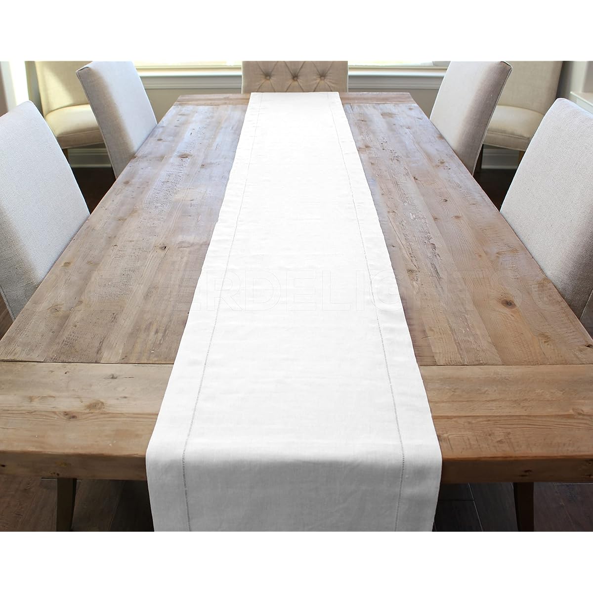 CleverDelights Table Runner Hemstitch White 16" x 108" 55/45 Linen Cotton Blend