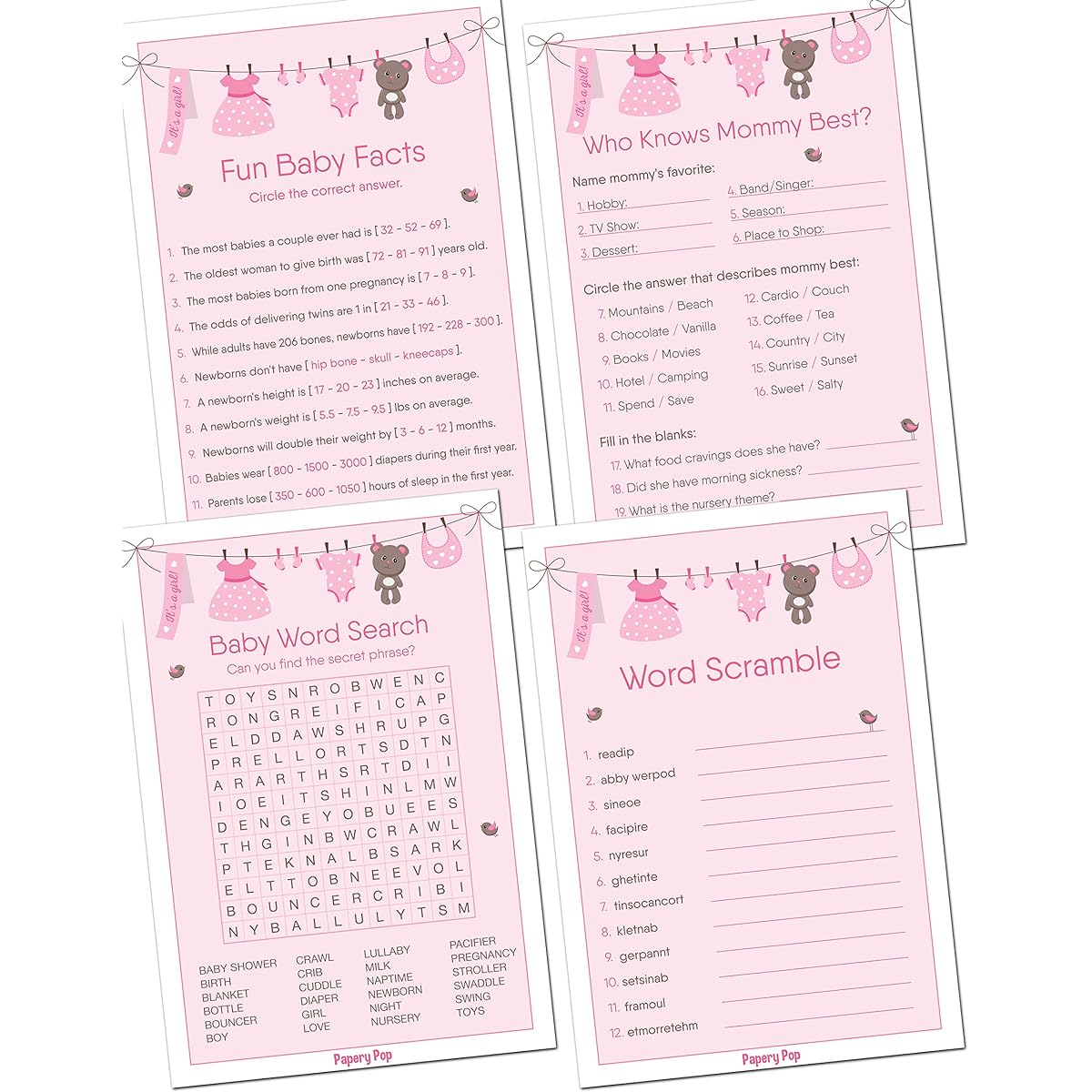 Baby Shower Games for Girls, Set of 4, for 30 Guests, Double-Sided Cards, Baby Shower Supplies