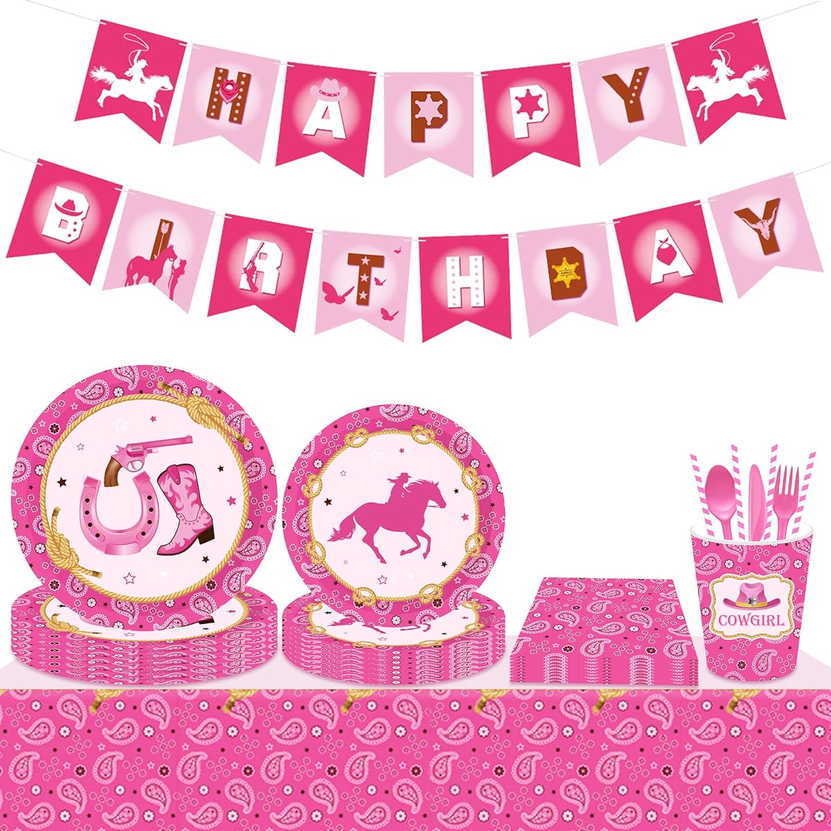 33 Pieces Pink Cowgirl Birthday Party Supplies, Cowgirl Birthday Banner, Cowgirl Party Plates, First Rodeo Birthday Party Supplies, First Rodeo Decorations, Little Cowgirl Party Supplies