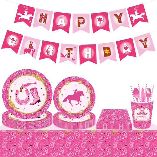 33 Pieces Pink Cowgirl Birthday Party Supplies, Cowgirl Birthday Banner, Cowgirl Party Plates, First Rodeo Birthday Party Supplies, First Rodeo Decorations, Little Cowgirl Party Supplies