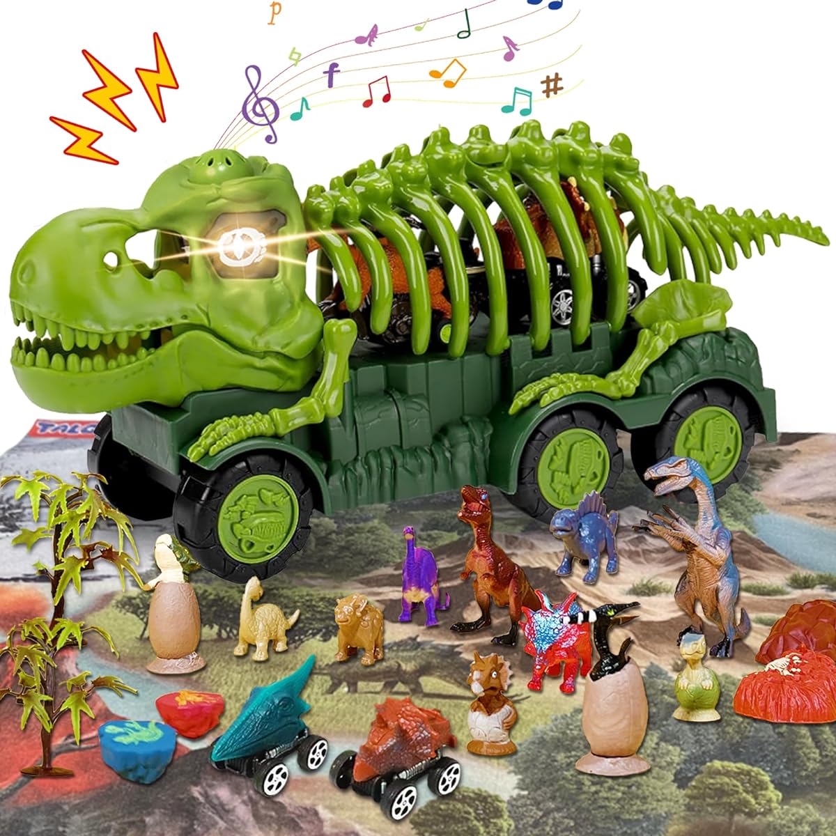 Dinosaur Truck Playset with Activity Mat and 8 Dinosaur Figures for 3-5 Year Old Boys with Wood, Eggs and Monster Truck Toys for Kids Pretend Play