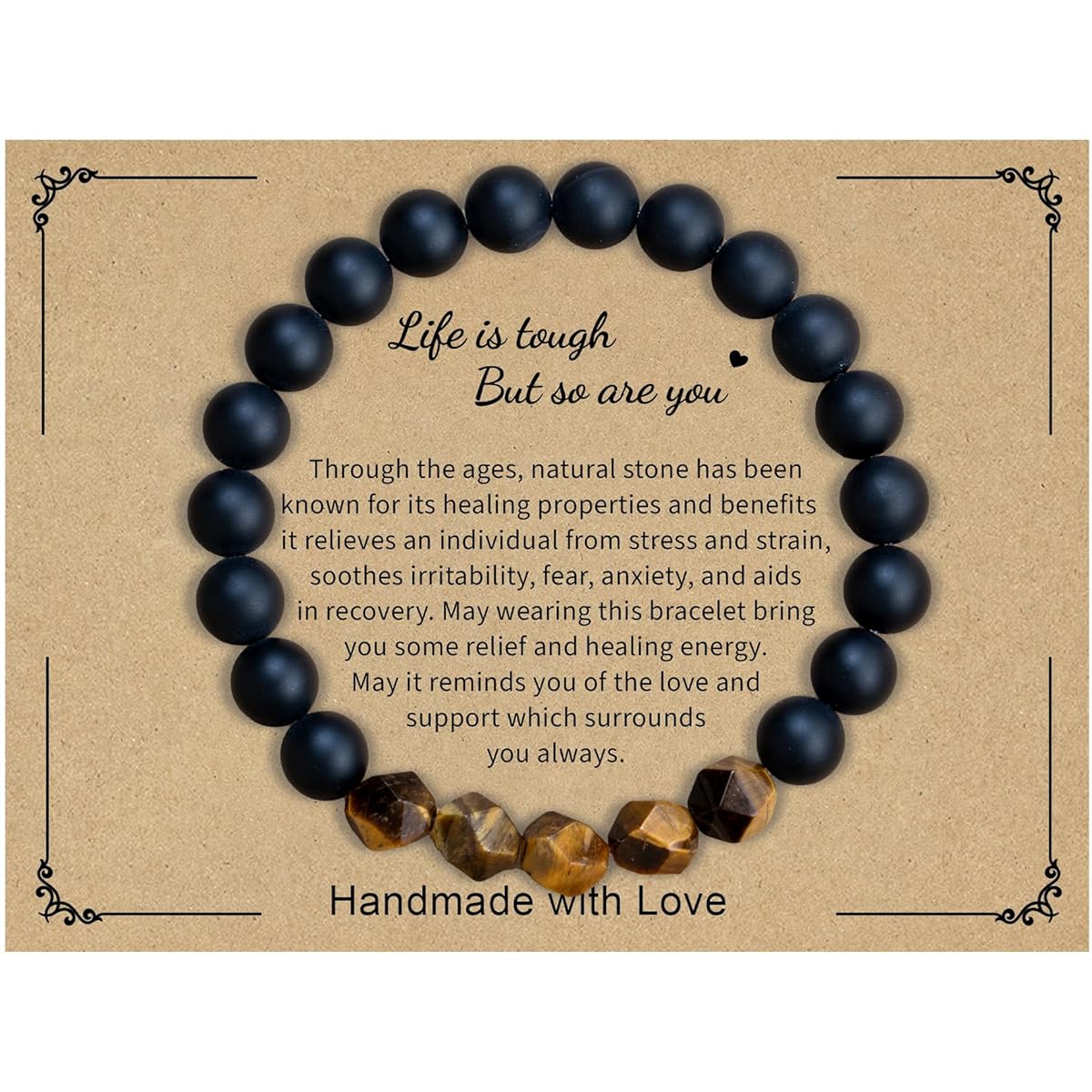 Lepida Natural Stone Beads Inspirational Bracelet with Card Tiger Eye Matte Black Onyx Beads Bracelet Gift for Husband Son
