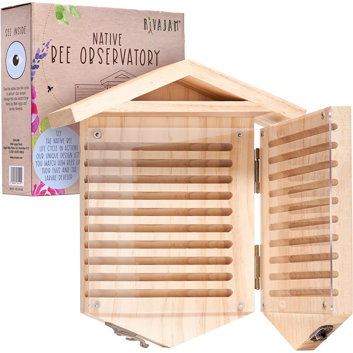 Rivajam Native Bee Habitat Observatory - Bug Habitat Toy for Kids Ages 3-5 - Nature Kit for Kids Bug Hotel - Bee House for Pollinator Bees - Mason Bee House for Honeybee Pollination