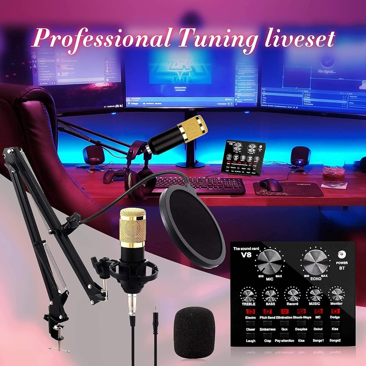 Sound card equipment, BM800 microphone set, adjustable foldable mechanical arm, metal shockproof frame, double layer pop-up filter, for broadcast station