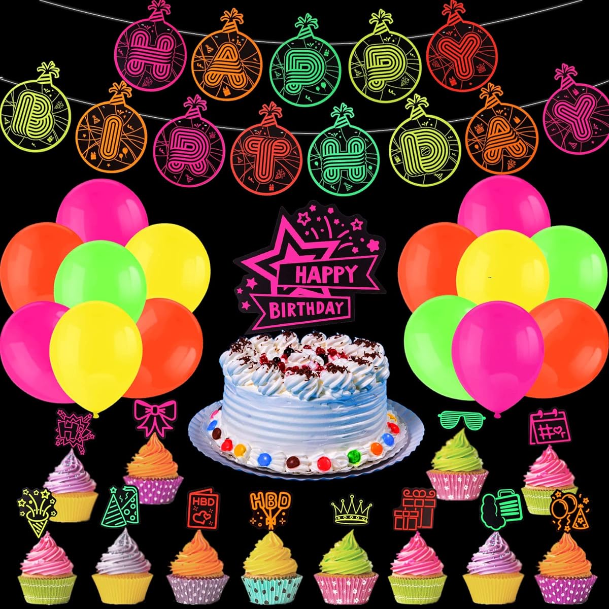 HOWAF Glow Neon Birthday Party Decorations Set - Happy Birthday Banner, Neon Fluorescent Latex Balloons, Cake Topper, Neon Party, Glow Birthday Theme Supplies, UV Black Light Reactive Party Supplies