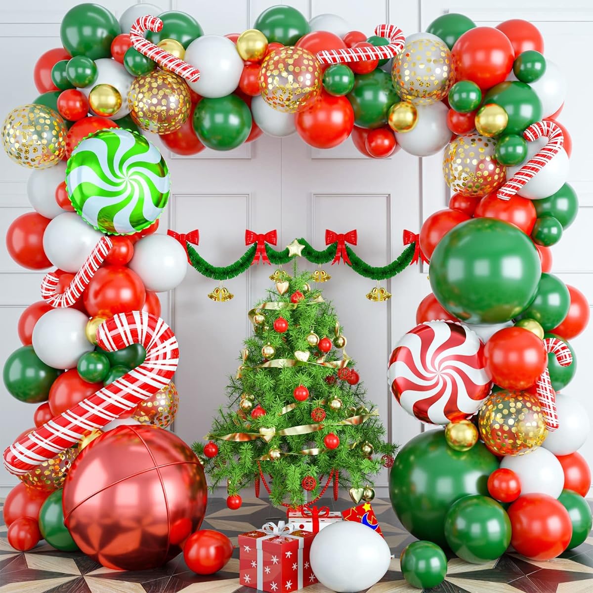 Christmas Balloon Garland Arch Kit 111 Pack Christmas Red White Green Metallic Gold Confetti Candy Cane Foil Balloons Christmas Red 4D Foil Balloons New Year Winter Holiday Party Decoration