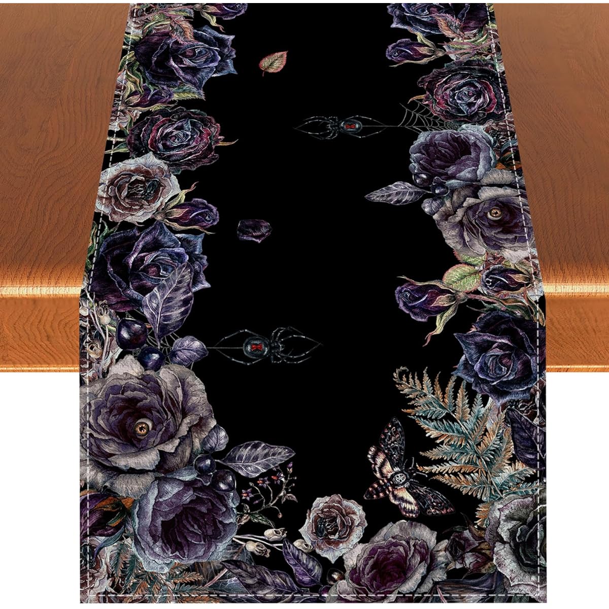 Rvsticty Linen Halloween Table Runner Halloween Gothic Skull Tablecloth Day of the Dead Rose Skull Decor Halloween Decoration for Home Kitchen Table 13x72 Inch