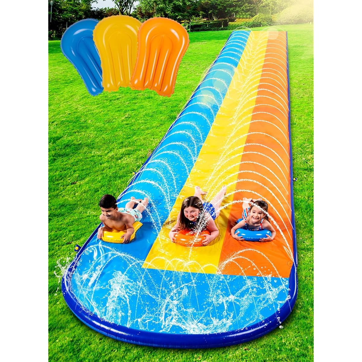 Sloosh 26ft Triple Water Slide and 3 Bodyboards, Backyard Lawn Water Slide with Outdoor Slip Sprinkler, Water Fun Toy for Kids/Adults/Summer