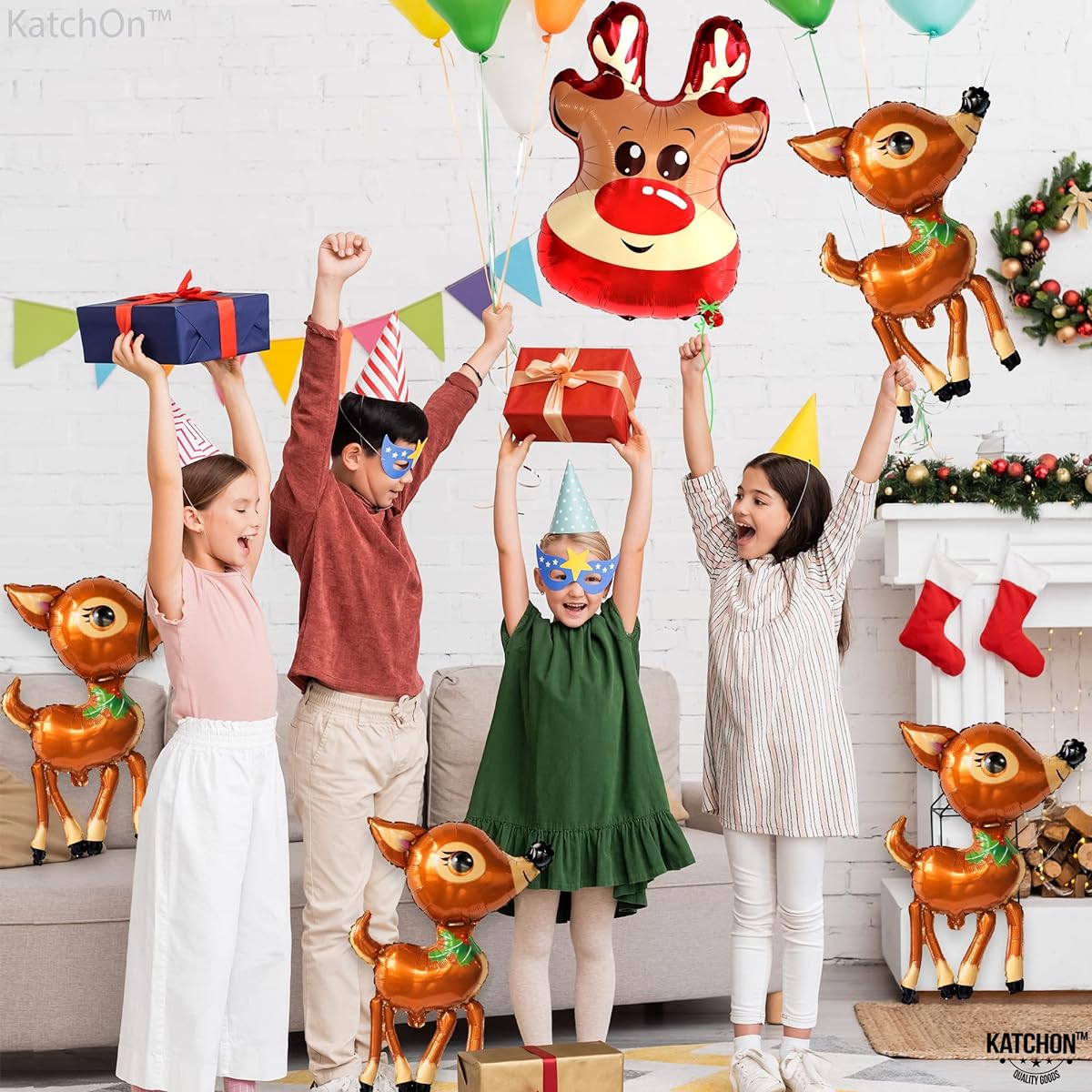 KatchOn Merry Christmas Balloon Decorations - Large Pack of 5 Reindeer Balloons | Deer Mylar Balloons Christmas Party Decorations | Wildlife Party Decorations | Fawn Balloons for Christmas Decorations