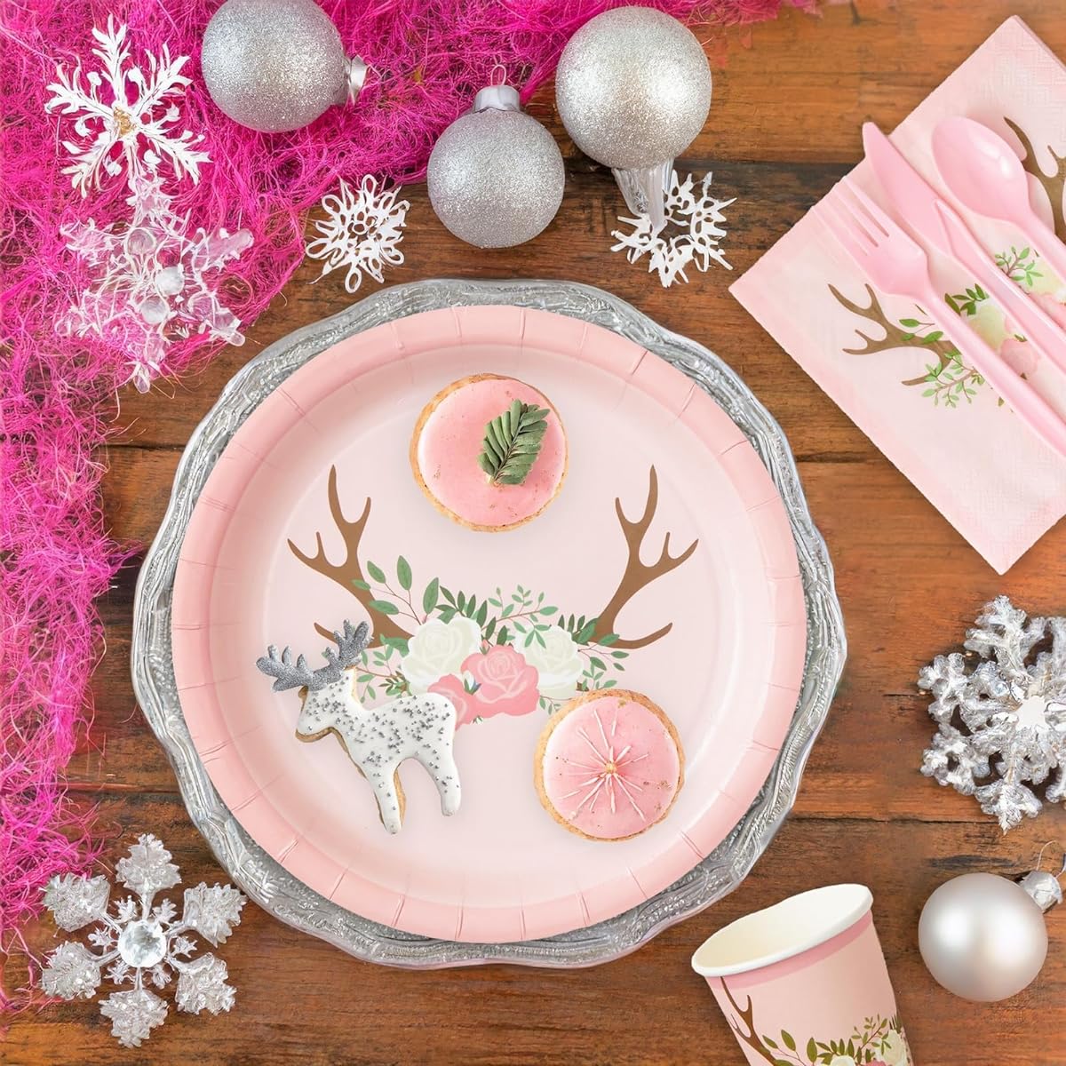 Oh Deer Party Supplies for Girls Baby Shower Floral Plates, Napkins, Cups, Cutlery (24 Guests, 144 Pieces)