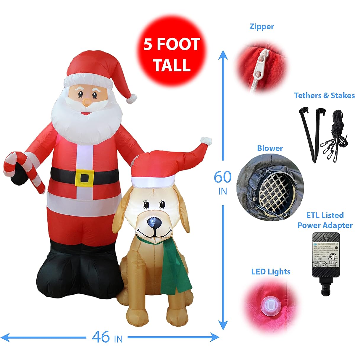 5ft Tall Lighted Christmas Inflatable Santa Claus Cute Dog Yard Decoration
