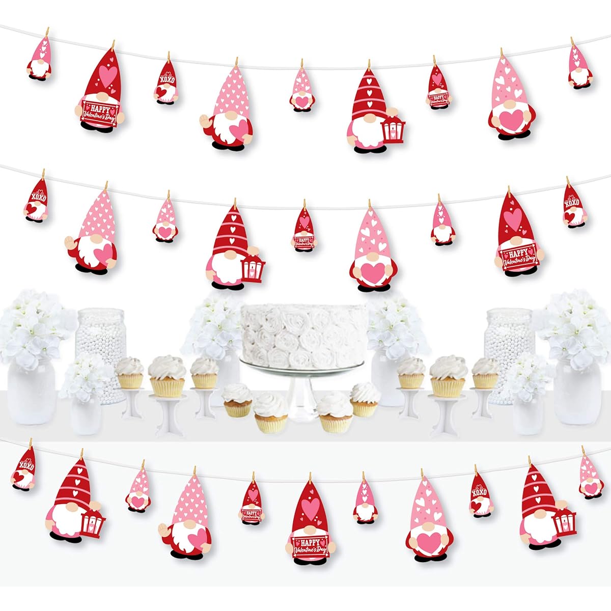 Big Dot of Happiness Valentine Gnomes - Valentine's Day Party DIY Decorations - Clothespin Garland Banner - 44 Pieces