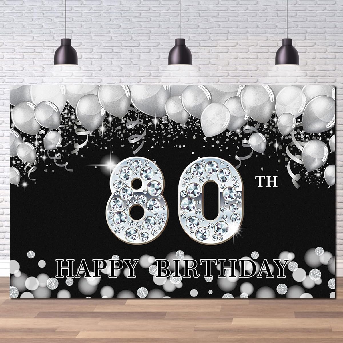 Happy 80th Birthday Backdrop 80th Birthday Decoration Banner Black Silver Large Background for Unisex 80th Birthday Party 6x4ft