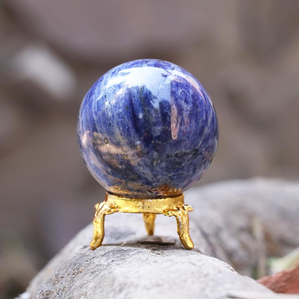 Crocon 50mm Sodalite Stone Sphere with Metal Stand, Over 1400 Carats Gem Ball Healing Sphere Sculpture Figurine Feng Shui Fortune Telling Home Decoration Photography Crystal Sphere
