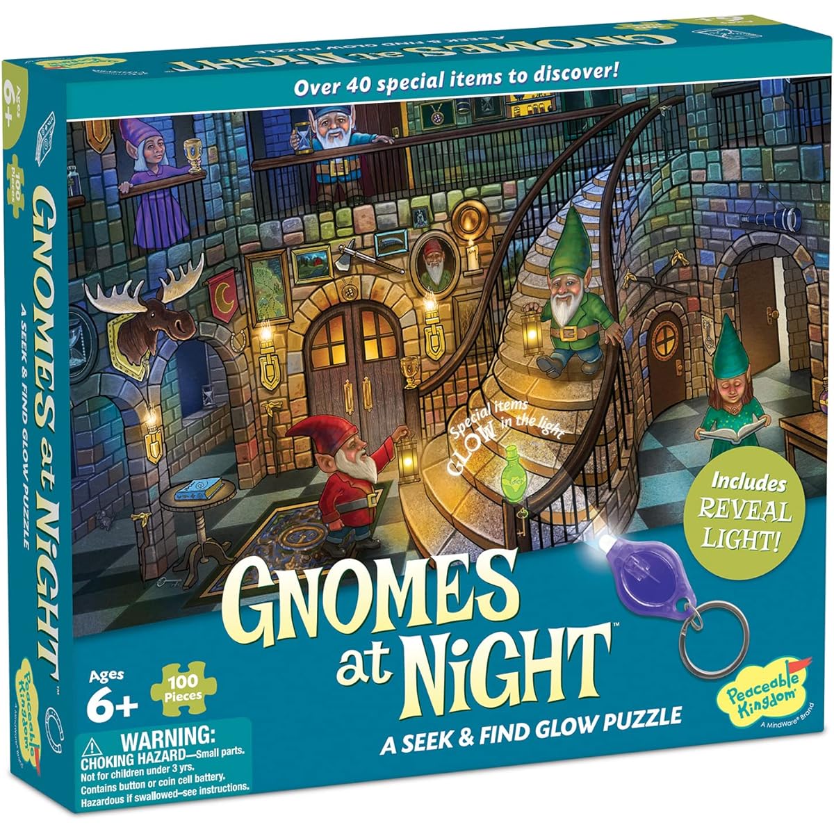 Peaceable Kingdom Night Gnome Puzzle - 100 Piece Seek & Fine Glow Puzzle for ages 6 and up - Blacklight reveals hidden items - Perfect for home or classroom