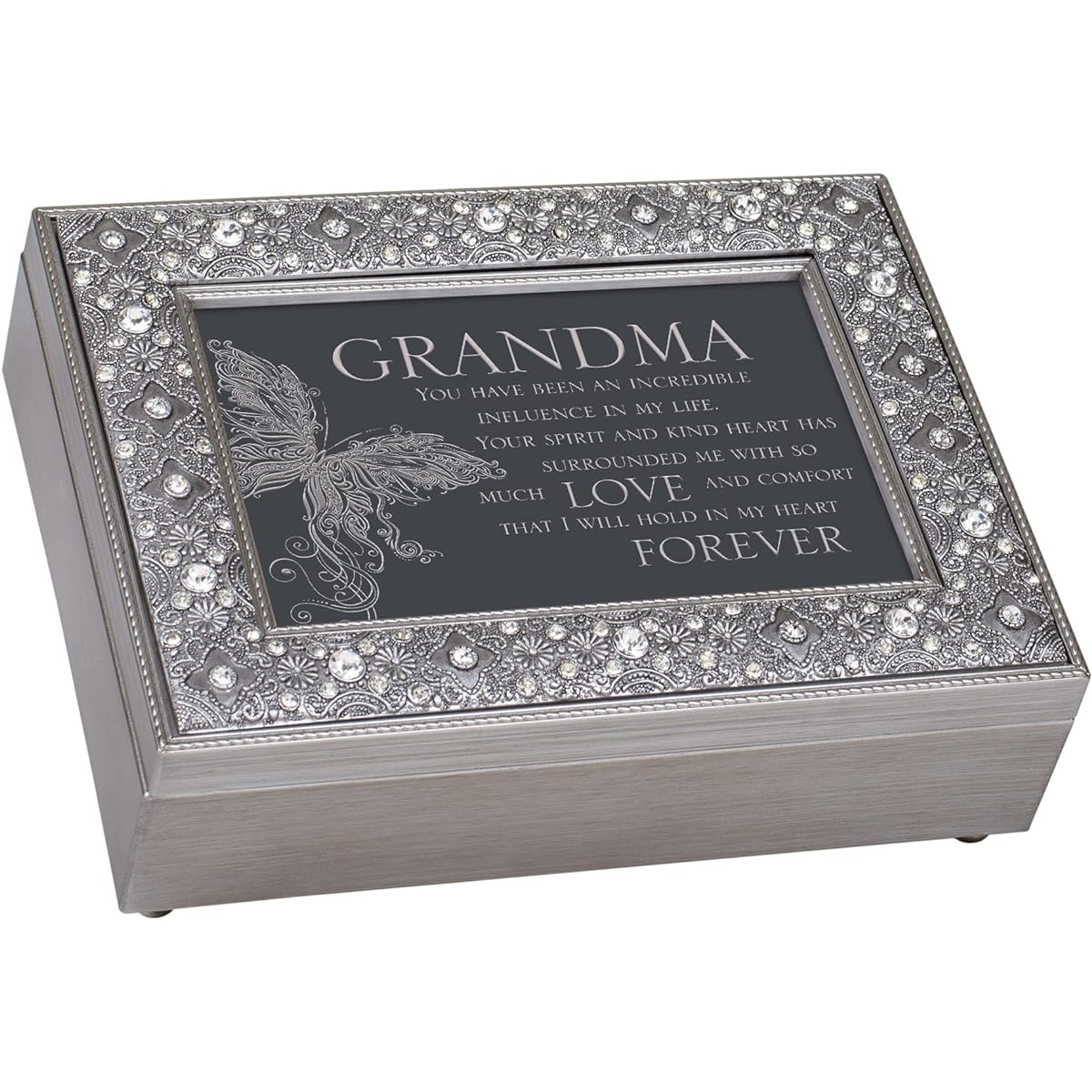 Cottage Garden Grandma In My Life Much Love Filigree Jewel Bead Silver Tone Music Box Plays Canon D