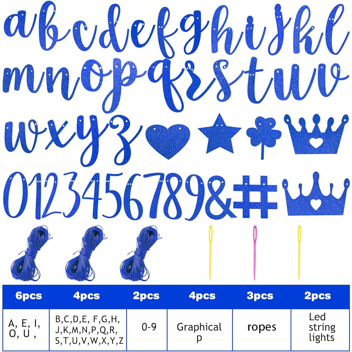 167pcs DIY Banner Kit Glitter Customizable Birthday Banner Glitter Make Your Own Banner Kit with 162 Letters Symbols and Numbers 3 Ropes for Birthday Wedding (Royal Blue)