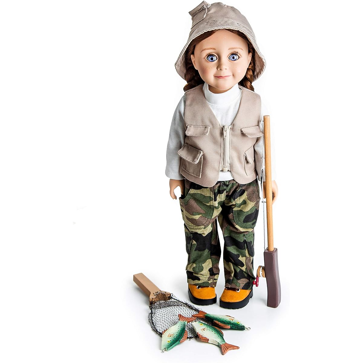 Fishing Adventure Set Includes Camo Pants, Shirt, Hat, an Accessory Set, and Hiking Boots. Clothing and Accessories