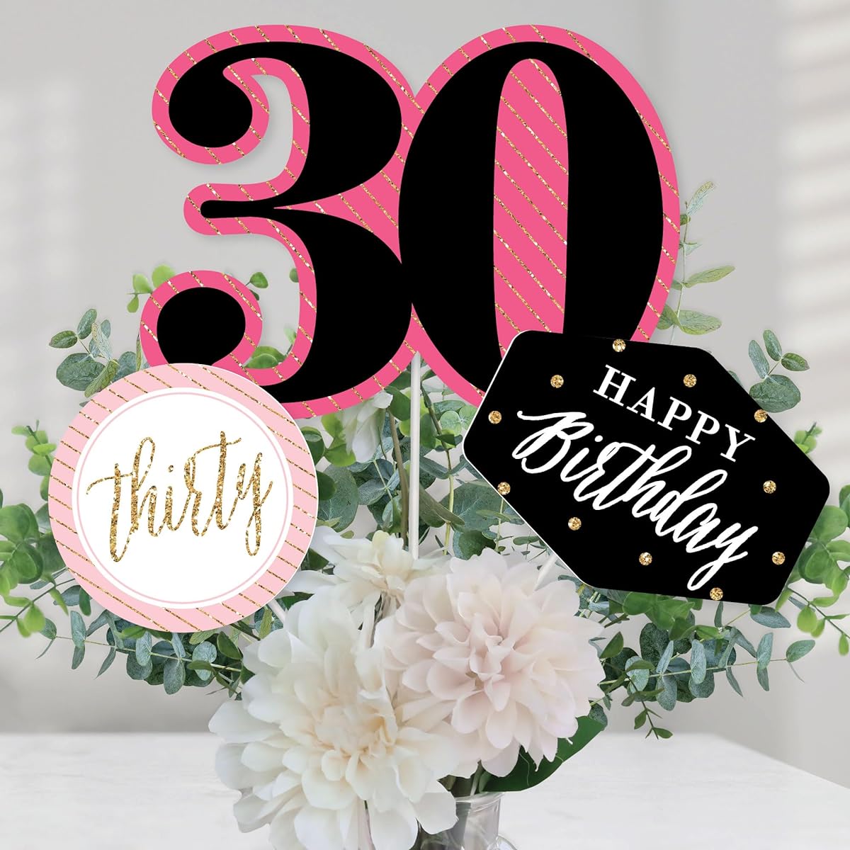 Chic 30th Birthday Table Toppers Set of 15 Pink Black Gold Birthday Party Centerpieces Sticks